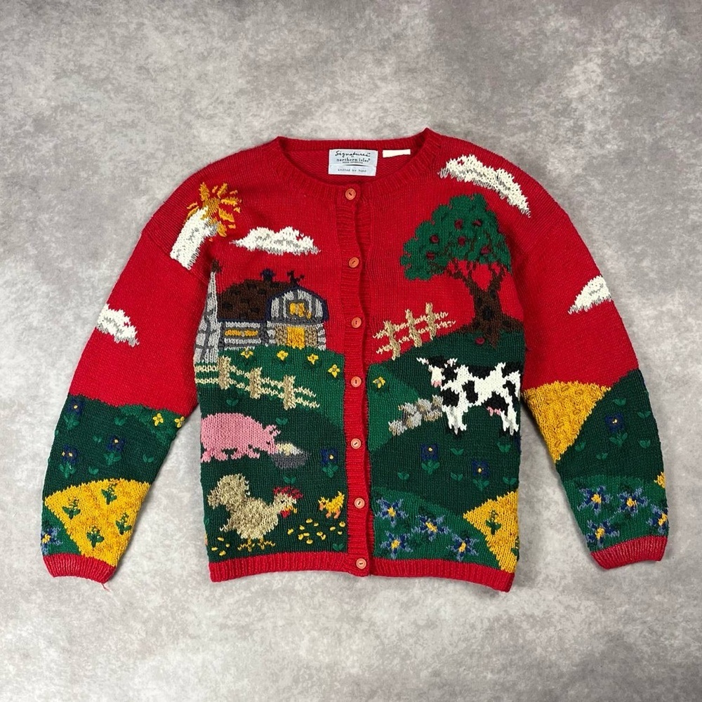 [27] Vintage 1990s Hand Knitted Farm Theme Signature By Northern Isles XL Size